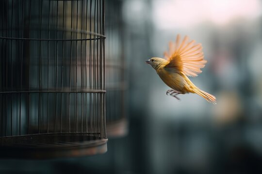 A small bird escaping from its cage.