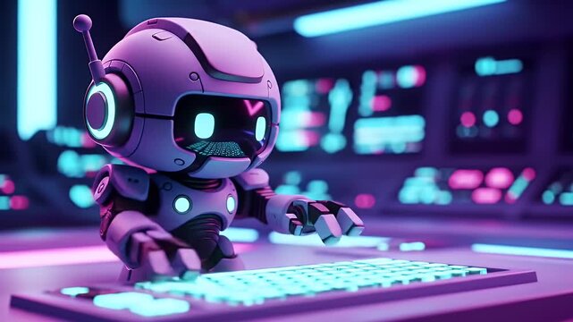 A cute mecha robot programmer at work, typing on a futuristic keyboard in a high-tech control room.