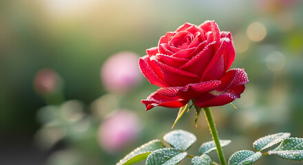 Obraz premium Close up of a vibrant red rose covered in water droplets with a soft green bokeh background in garden
