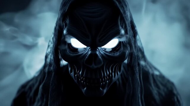 Close-up of a grim reaper with glowing eyes emerging from smoke, a dark fantasy image.