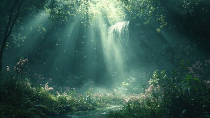 Obraz premium Lush, sunlit forest glade with waterfall