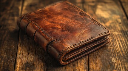 Rustic leather journal/wallet.  Handcrafted, rich brown leather, detailed stitching, vintage style, resting on a wooden table