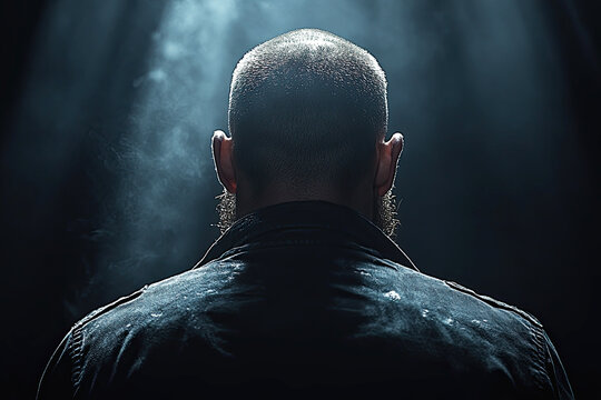 A silhouette of a man with a shaved head, viewed from the back, surrounded by dramatic lighting and mist, creating a mysterious atmosphere.
