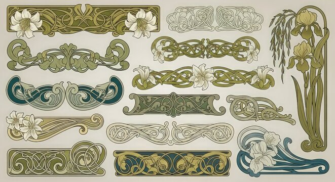 Art Nouveau Floral and Swirl Ornaments Collection, Vintage Decorative Design Elements - Powered by Adobe