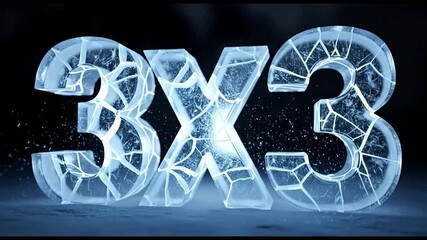 Dynamic 3X3 logo reveal with intensely glowing, cracked ice on a dark, frozen background. - Powered by Adobe