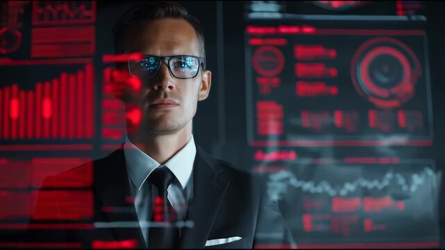 Executive IT manager experiencing complete operational control, professional in business attire with holographic NOC monitoring interfaces, 247 support visualization, dark anthracite background red