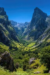 Obraz premium Mountain valley vista under a vibrant blue sky. Lush green valley nestled between jagged peaks