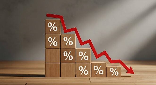 Red arrow pointing down on percentage blocks, financial concept