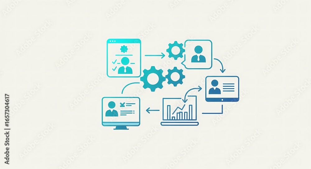 Poster digital business process flow with data analysis and technology icons