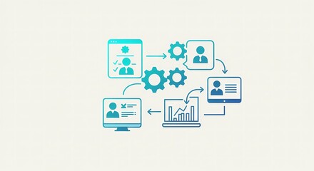 Digital business process flow with data analysis and technology icons