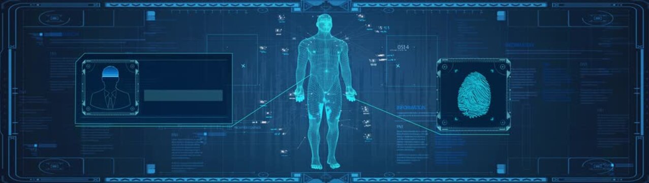 Human body scan, futuristic dynamic elements user interface information technology, scan diagnosis, big data scan privacy information, fingerprint,3d animation. Widescreen.