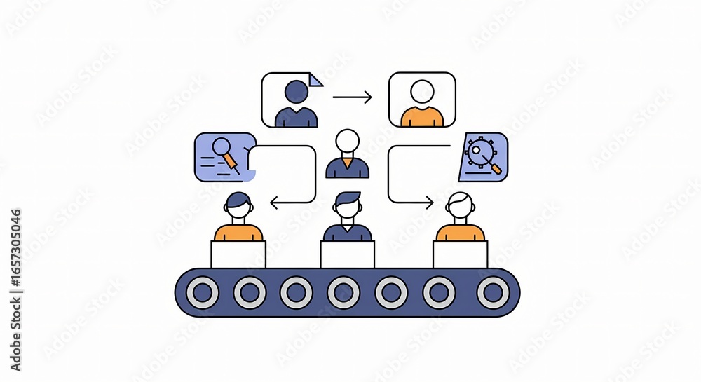 Poster illustration of business process workflow with people and data analysis on white background