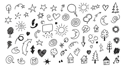 Fototapeta premium Collection of hand drawn doodles including stars hearts arrows trees suns moons and houses on white
