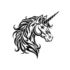 A stylized black and white illustration of a majestic unicorn head, detailed and artistic.