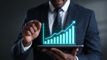 African American Businessman Analyzing Financial Chart On Tablet In Dark Background - Powered by Adobe