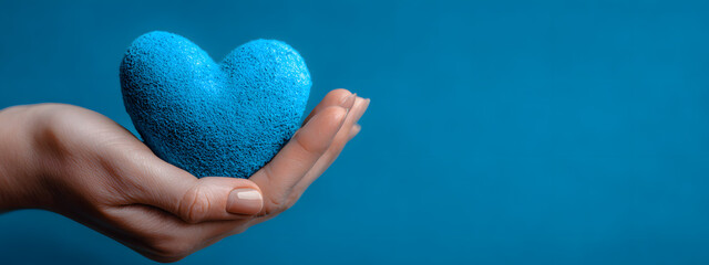 Hand holding blue heart, World health day, Health care and mental health concept, Health insurance, Charity volunteer donation, CSR responsibility, World heart day, Self love
