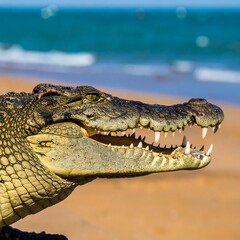 Obraz premium Crocodile on beach, open mouth