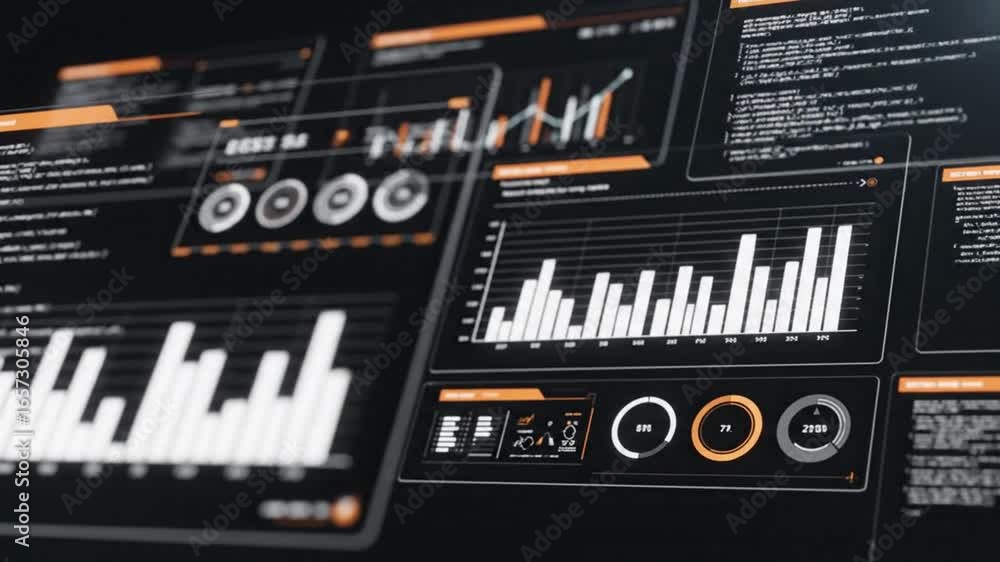Poster Animated Data Analytics Interface Displaying Graphs and Statistics on a Black Background