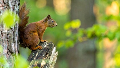 Obraz premium Adorable red squirrel perched on a tree stump in its natural forest habitat