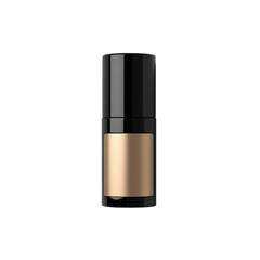 Gold-accented, black cosmetic bottle on a black background.
