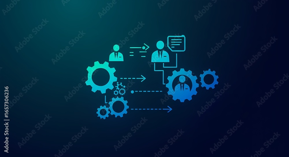 Poster digital workflow and business process management with gears and people icons