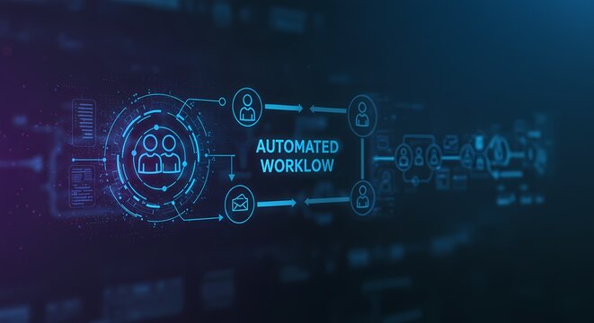 Futuristic digital interface displaying automated workflow with interconnected nodes and user icons