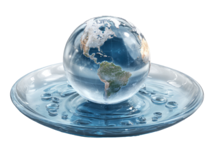 A crystal-clear globe of Earth sits atop a shallow, saucer-shaped dish filled with rippling, translucent water.  The globe is slightly transparent, showing landmasses