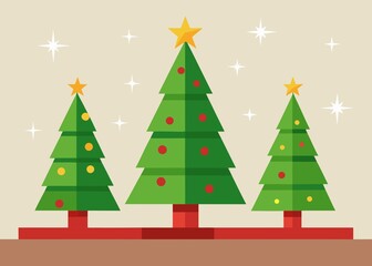 Three stylized Christmas trees with stars and ornaments perfect for holiday greeting cards and designs