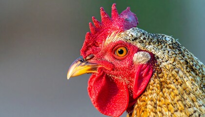 Close-up portrait of a hen's head, showcasing its vibrant red comb and speckled feathers.