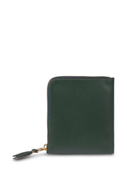 Various leather accessories, including brown and black wallets and a purse, are against a plain background