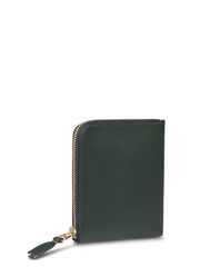 Various leather accessories, including brown and black wallets and a purse, are against a plain background