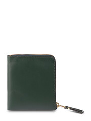 Various leather accessories, including brown and black wallets and a purse, are against a plain background