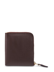 Various leather accessories, including brown and black wallets and a purse, are against a plain...