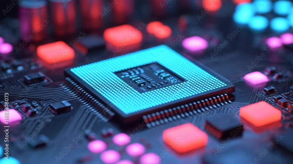 Poster close up of a central processing unit chip with illuminated circuitry and glowing components