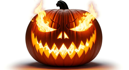 A close up of a jack o lantern with flames coming out of its eyes on a white background studio shot