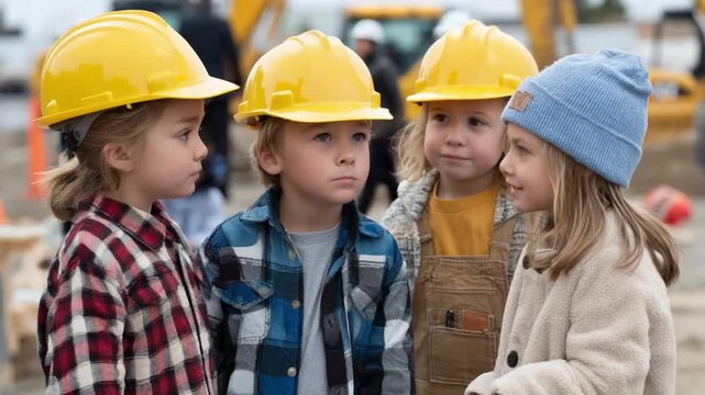 Tiny Engineers: A group of young children, adorned in construction hats and casual attire, gather on a construction site. The shot is an eye-level shot, with detailed focus on the children.