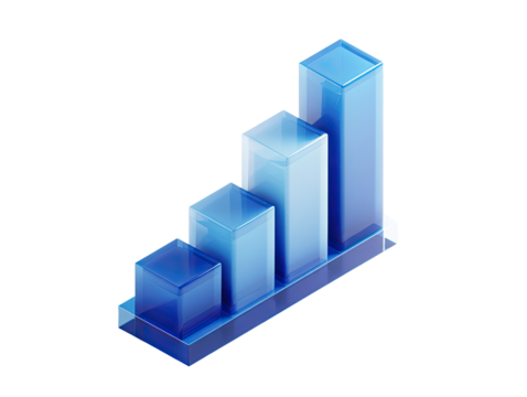 3D graphic of a rising bar graph.  Blue, translucent, cubes stacked to show upward trend.  Isometric view
