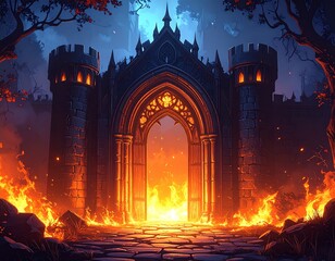 Burning Gothic Castle Gate Halloween Art
