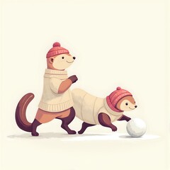 Playful otters enjoying winter fun in cozy sweaters