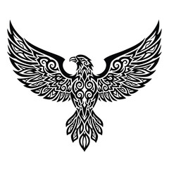 Obraz premium Ornate tribal-style eagle design, wings outstretched, detailed black ink artwork.