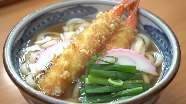 Appetizing Tempura Udon Noodle Soup Garnished with Kamaboko and Fresh Scallions in Blue Pattern Bowl Close Up Ready to Eat Traditional Japanese Delicacy at Restaurant Authentic Japanese Cuisine and