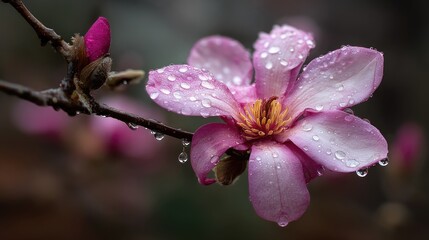 Obraz premium Delicate pink magnolia blossoms, rain drops