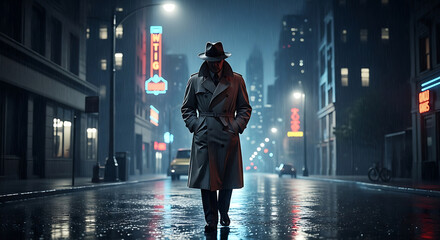 Man in trench coat walking on a wet city street at night with neon signs and building lights