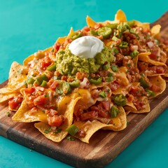 Loaded nachos on a wooden board.