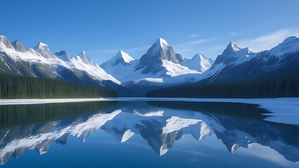 Majestic snow capped mountains reflected in a calm lake under a clear blue sky