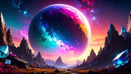A vibrant, otherworldly landscape features a large, multifaceted, glowing sphere suspended above jagged mountain peaks, bathed in a stunning sunset of pink and purple hues.