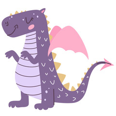 Cartoon Adorable Dragon Character with Pink Wings and Purple Scale Illustration