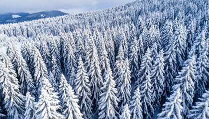 Aerial View of a Dense Forest Covered in Fresh Winter Snow.