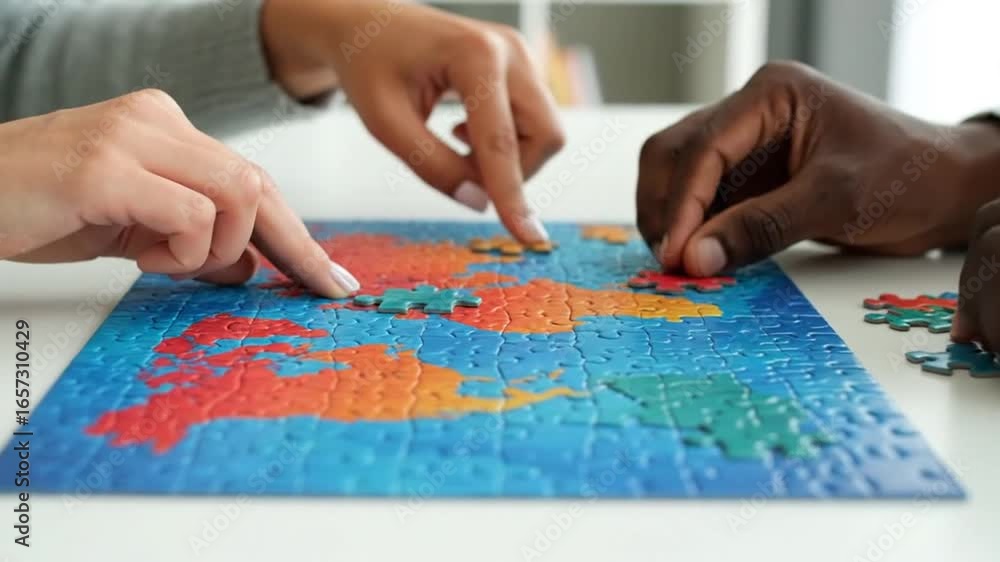 Poster diverse hands assembling colorful world map puzzle on white tabletop