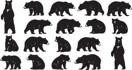 Fototapeta premium Collection of black bear silhouettes in various poses and actions on a white background